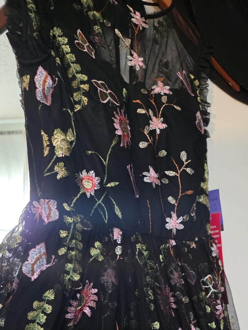Morgan & Co. Black Mesh Dress with Multicolor Floral Embroidery